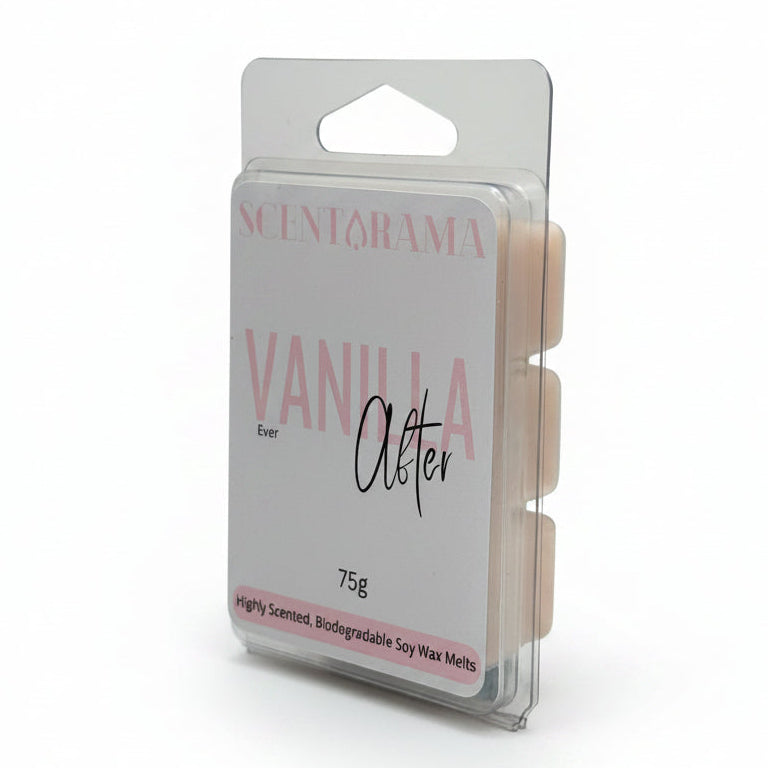 A package of Scentarama Vanilla Alter scented soy wax melts in a clear plastic clamshell container with a white label and pink text, set against a plain light gray background.