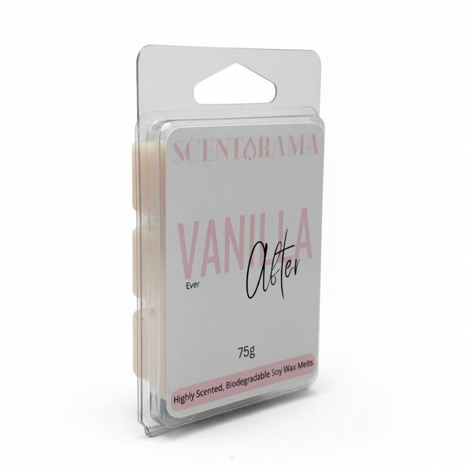 Scentarama Vanilla Ever Alter scented biodegradable soy wax melts in a clear plastic clamshell package with a white and pink label.