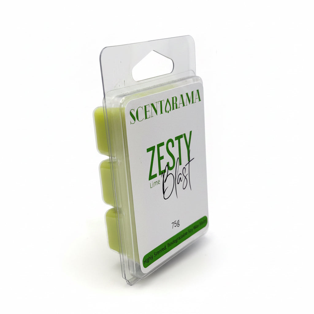 Clear plastic packaging with Zesty Lime Soy wax melts by Scentarama green and white product on a white background