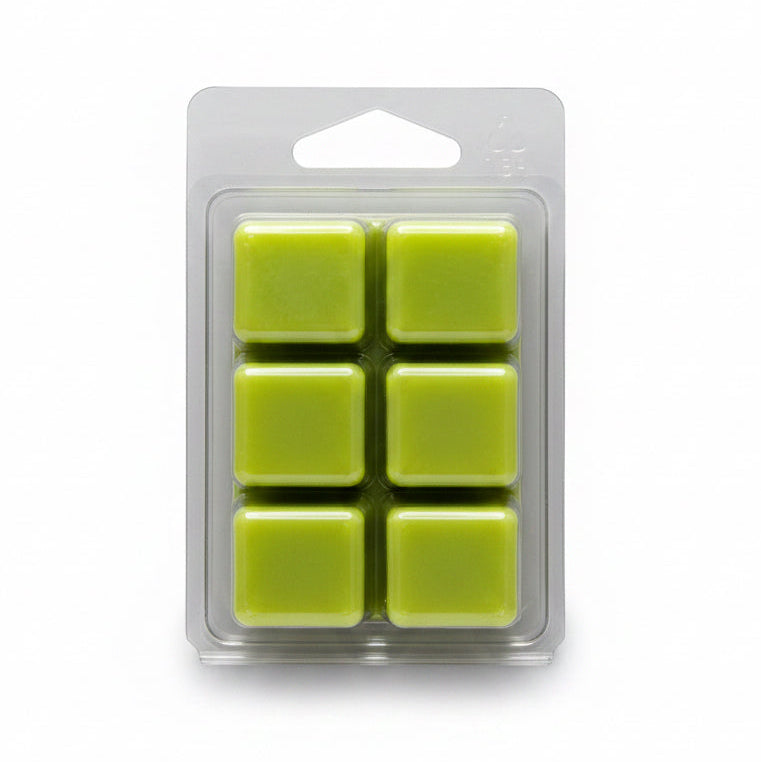 Pack of six Zesty Lime Blast green wax melts in a clear plastic packaging on a white background